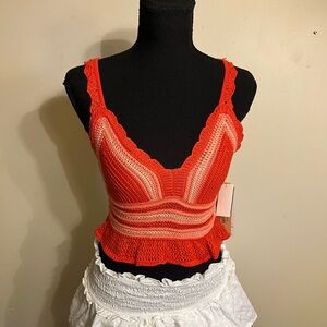Madden NYC Coral and Pink Crochet V-Neck Crop To